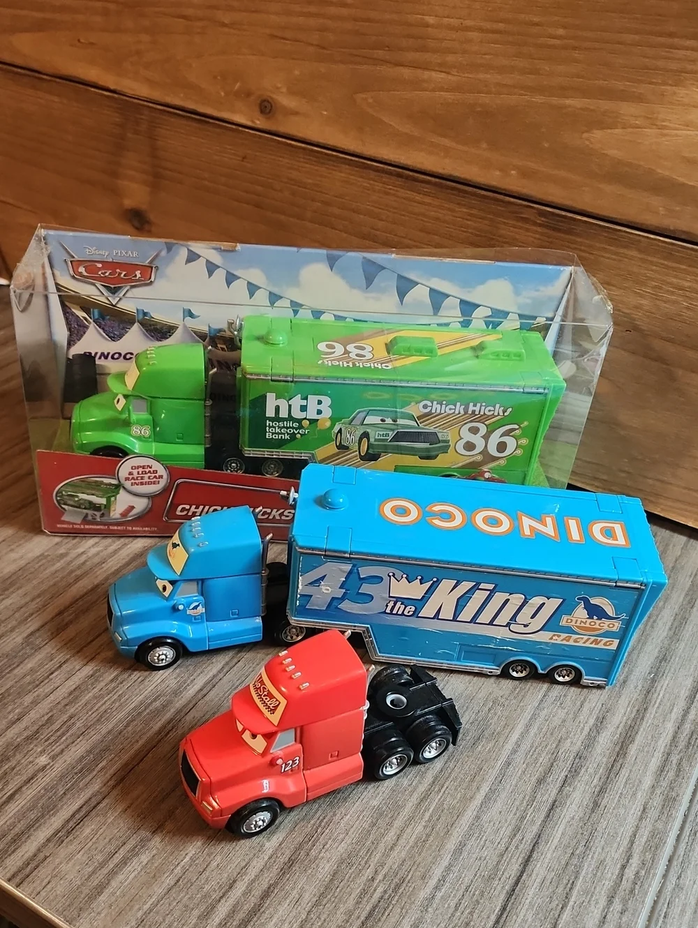 Mattel Disney Cars Transporter Lot NIB Chick Hicks Hauler, Dinoco Gray, Mack Cab